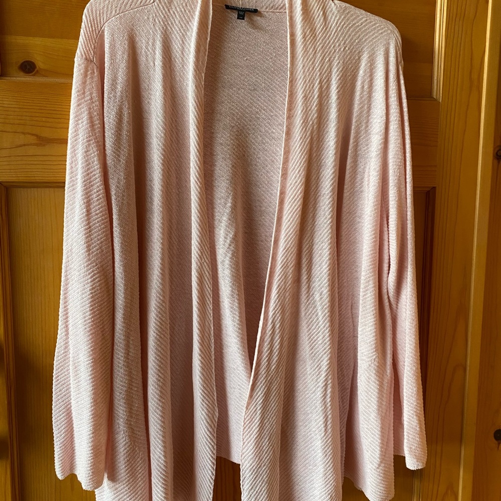 Eileen Fisher pink linen sweater, shawl collar.